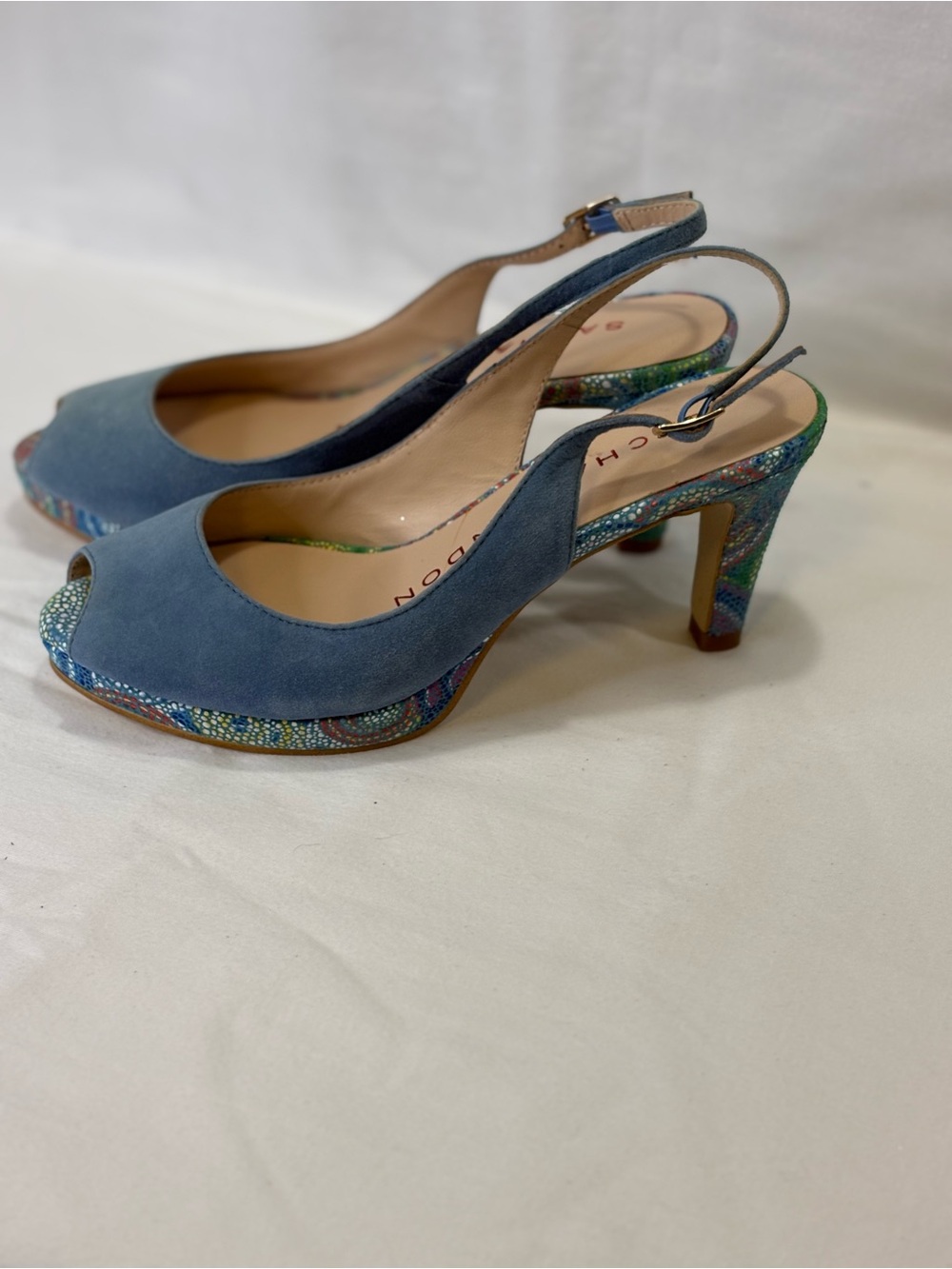 NEW Sacha London Blue Suede Slingback Heels Multicolor Patterned Platform SZ 6